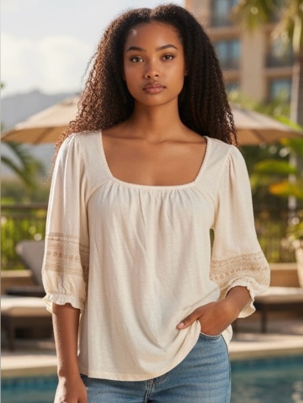 Lucky Brand Cream Embroidered Peasant Blouse